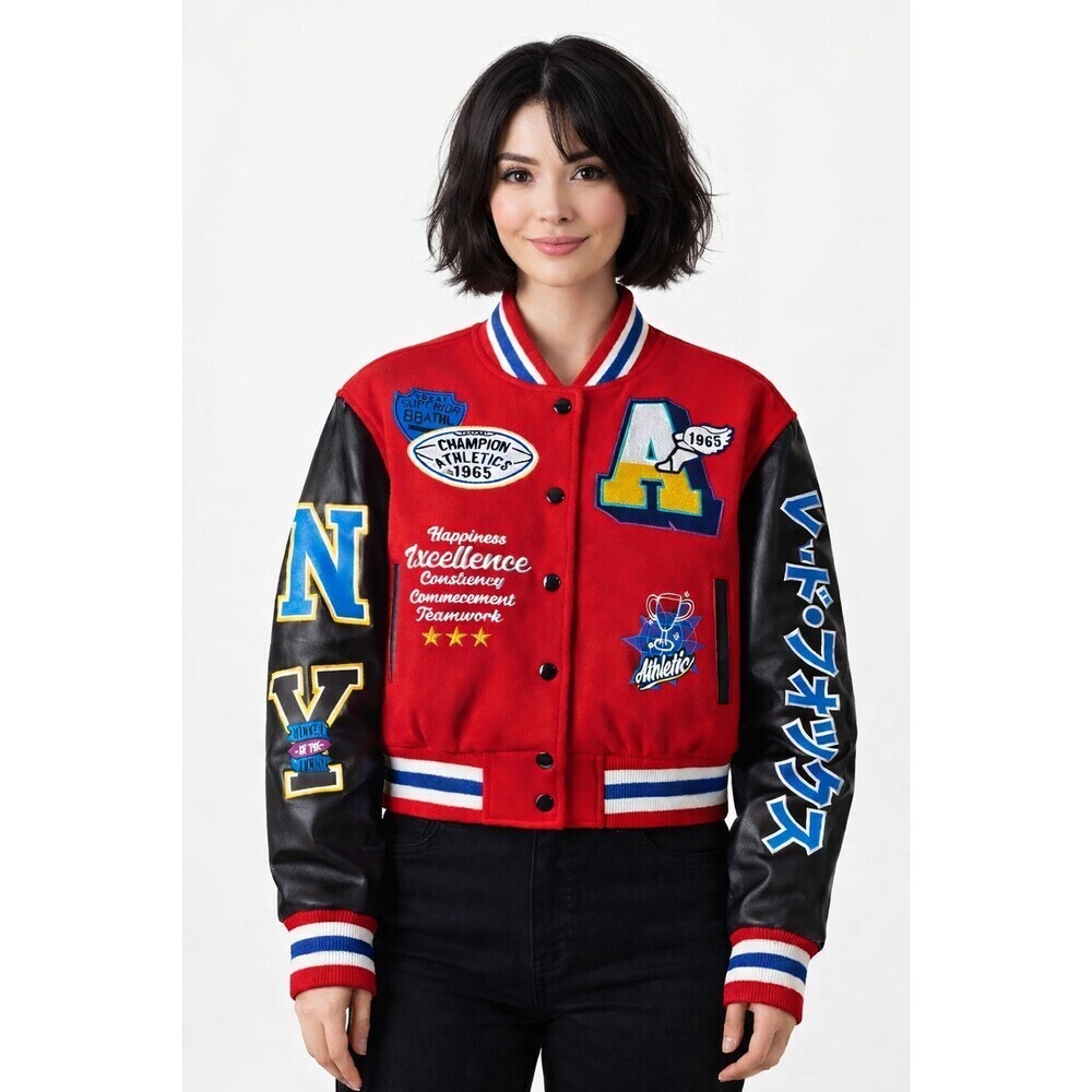 Red Fox Women's Wool Crop Varsity Jacket With‎ PatchMedium NWT Excellent A600
